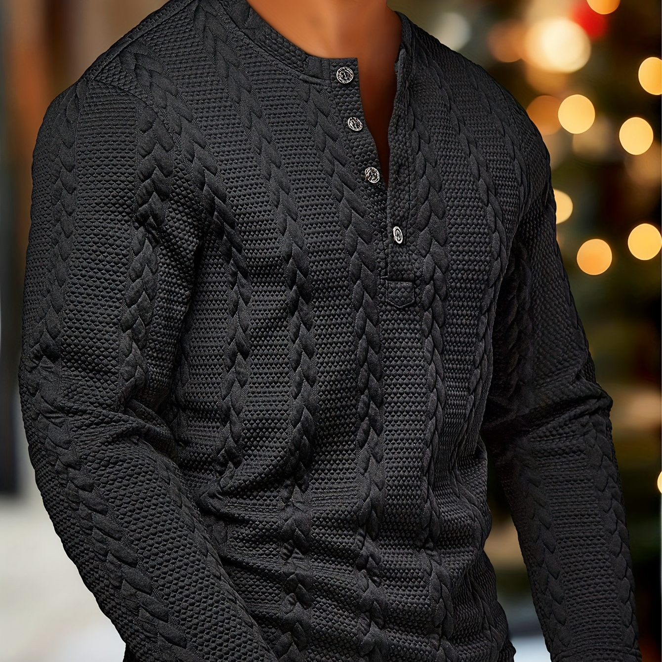 TEMU Men's Fashion Top, Autumn Winter Casual Textured Jacquard Fabric, Round Neck Single-breasted Long Sleeve Henley Shirt