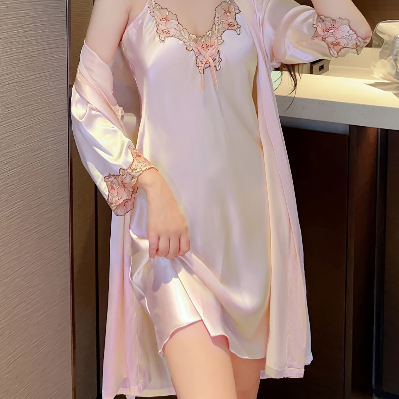 

Women's Elegant Solid Satin Applique Pajama Set, Long Sleeve Robe & V Neck Backless Slip Dress, Comfortable Relaxed Fit