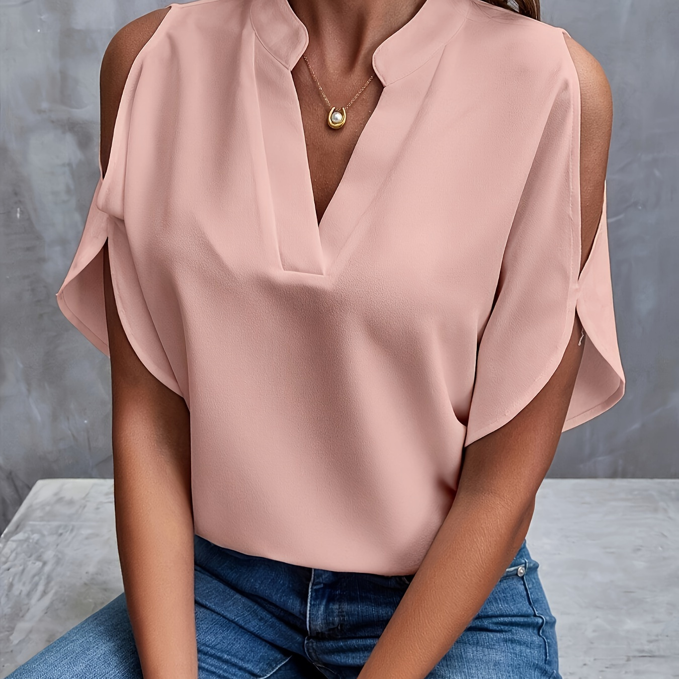 

Cold Shoulder Notch Neck Blouse, Casual Solid Color Short Sleeve Top For Spring & Summer, Women's Clothing