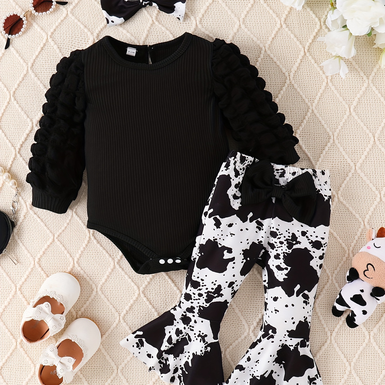 

Baby's Trendy Cow Pattern 2pcs Spring/fall Outfit, Ribbed Long Sleeve Top & Flared Pants Set, Toddler & Infant Girl's Clothes For Daily/holiday, As Gift