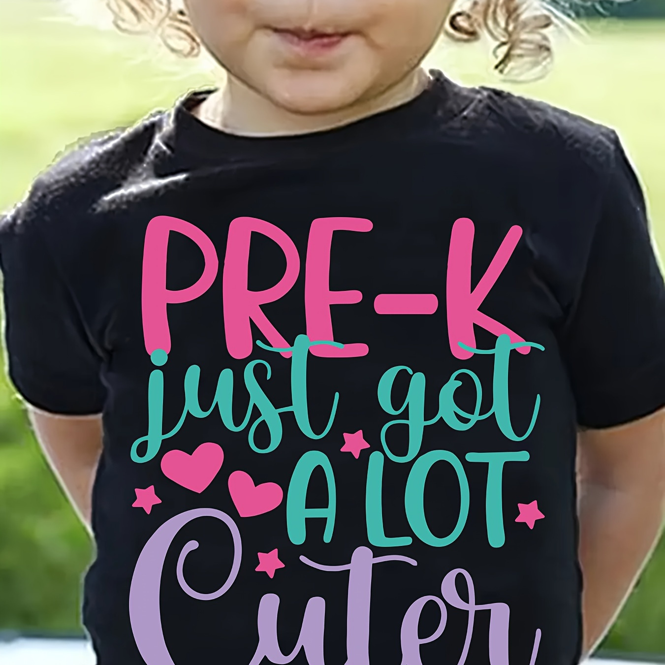 

Pre-k Just Got A Lot Cuter With Hearts Graphic Print, Girls' Casual Crew Neck Short Sleeve T-shirt, Comfy Top Clothes For Spring And Summer For Outdoor Activities