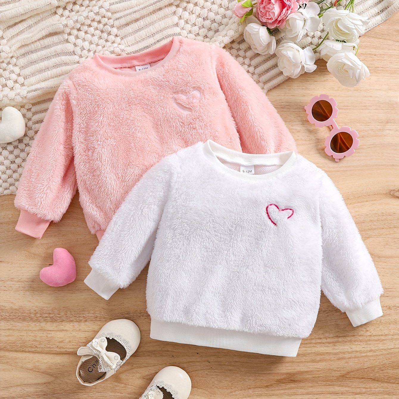 

2pcs, Heart Pattern Fluffy Sweatshirt For Baby Girls