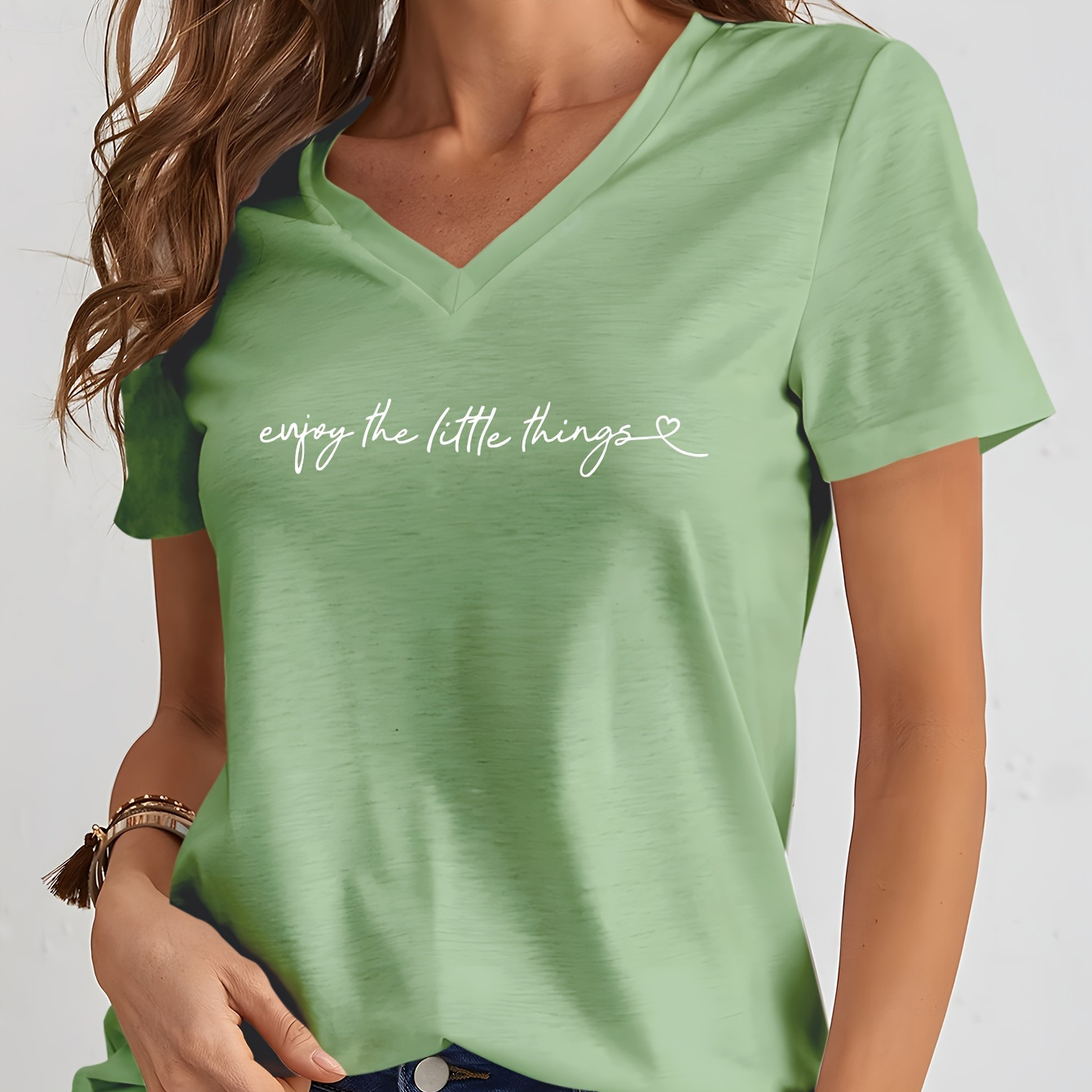 

Letter Print V Neck T-shirt, Casual Short Sleeve T-shirt For Spring & Summer, Women's Clothing