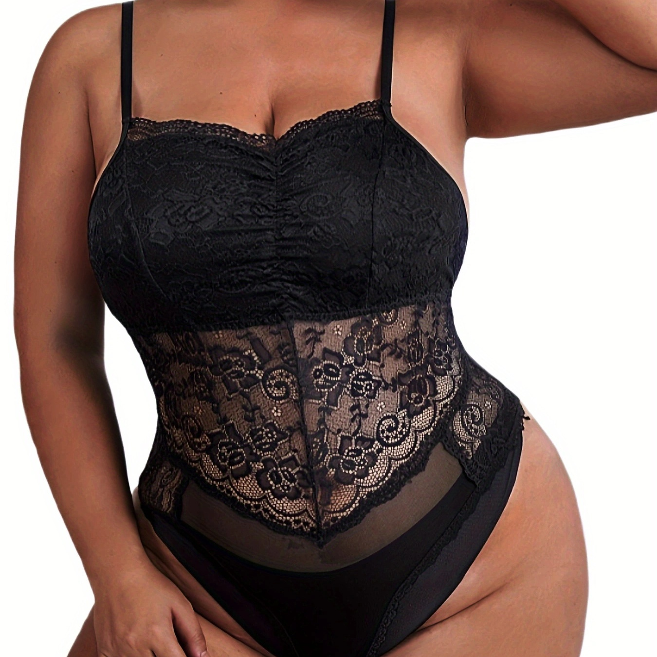 Women's Sexy Lingerie Bodysuit, Plus Size Contrast Lace Tummy Control  Spaghetti Strap Sheer Teddy Bodysuit