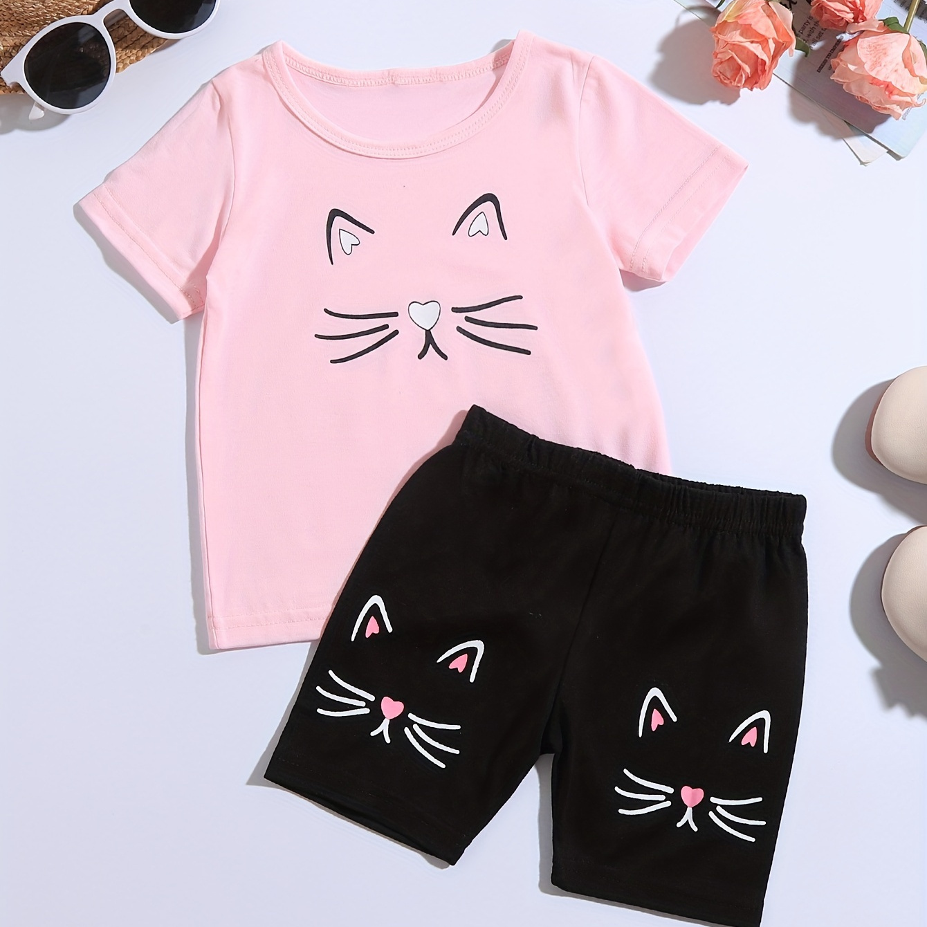 

Baby's Cartoon Cat Print 2pcs Casual Summer Outfit, Crew Neck T-shirt & Shorts Set, Toddler & Infant Girl's Clothes For Daily/holiday, As Gift