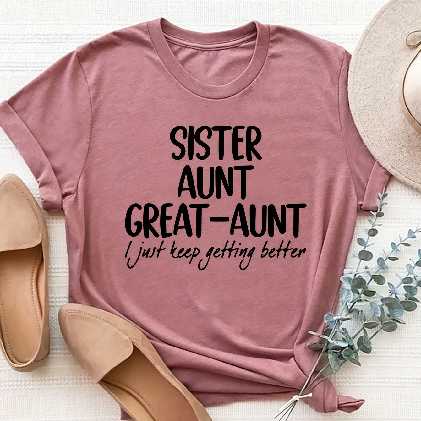 

Women's Plus Size T-shirt With "sister Aunt Great-aunt" Letter Print, Casual Crew Neck Short Sleeve Top, 100% Polyester Knit Fabric, Slight Stretch, Summer & Spring Fashion, 180gsm