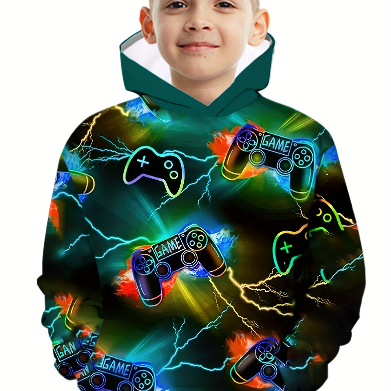 

Cool Lightning Gamepad 3d Print Boys Casual Long Sleeve Hoodies, Boys Sweatshirt For Spring Fall, Boys Hoodie Tops Outdoor