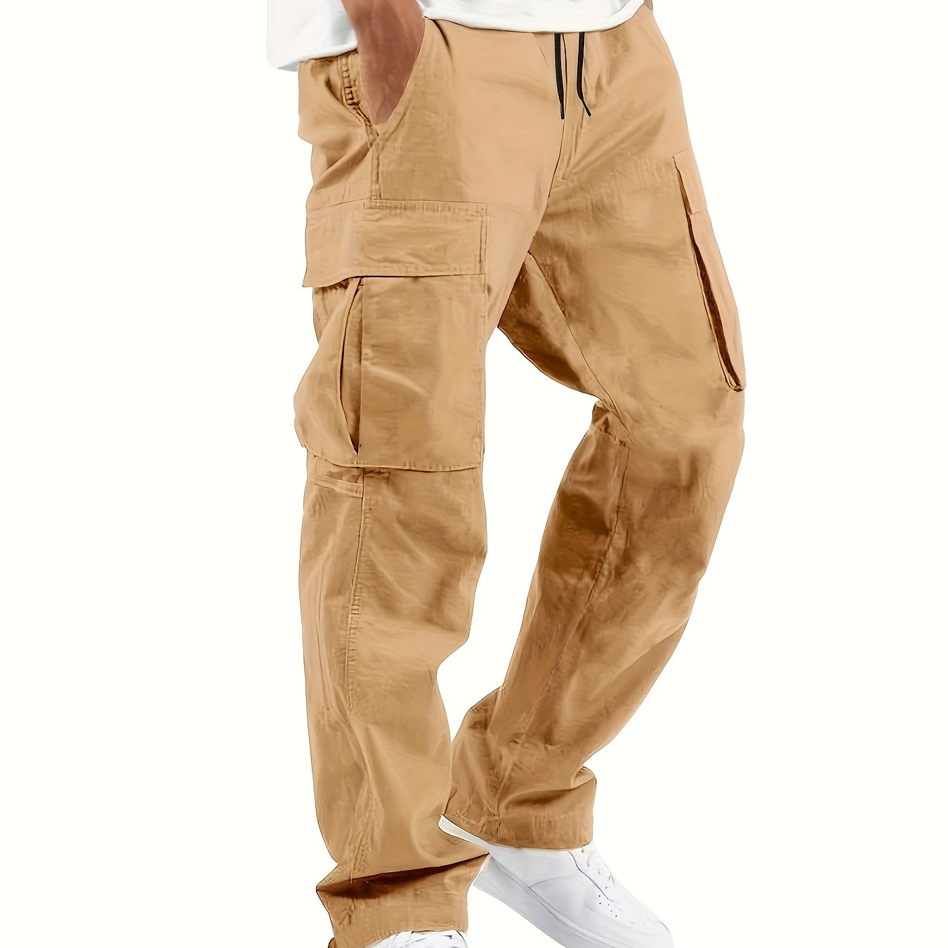 

Men's Solid Cargo Pants With Multi Pockets, Drawstring Joggers For Outdoor
