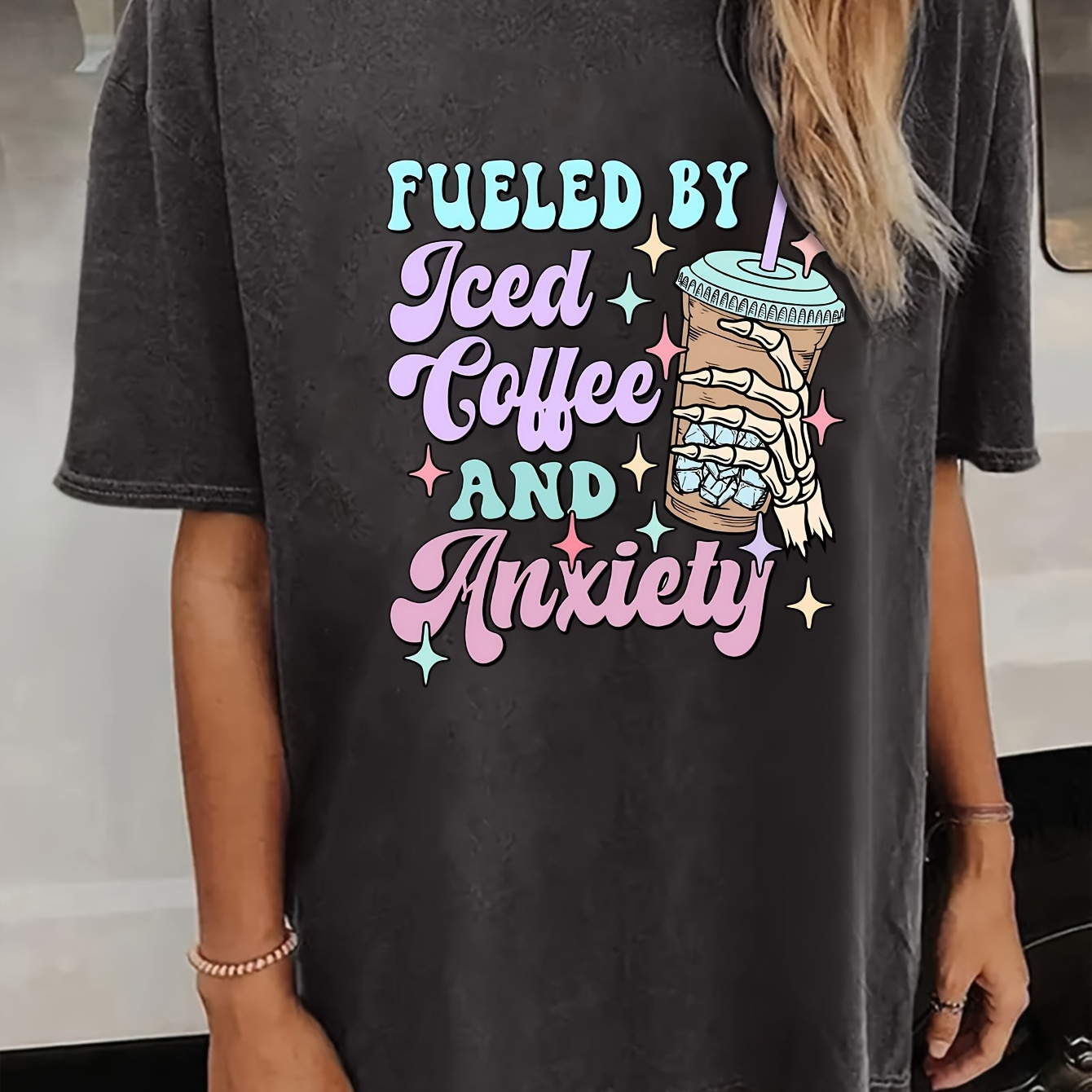 

fueled By Iced Coffee And Anxiety" Graphic Print Women's Relaxed Drop Shoulder T-shirt - Summer Casual Wear