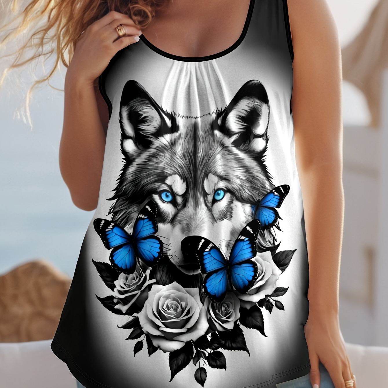 

Plus Size Women' , Wolf And Print, Summer Casual Breathable Crew Neck Sleeveless Tops For Women