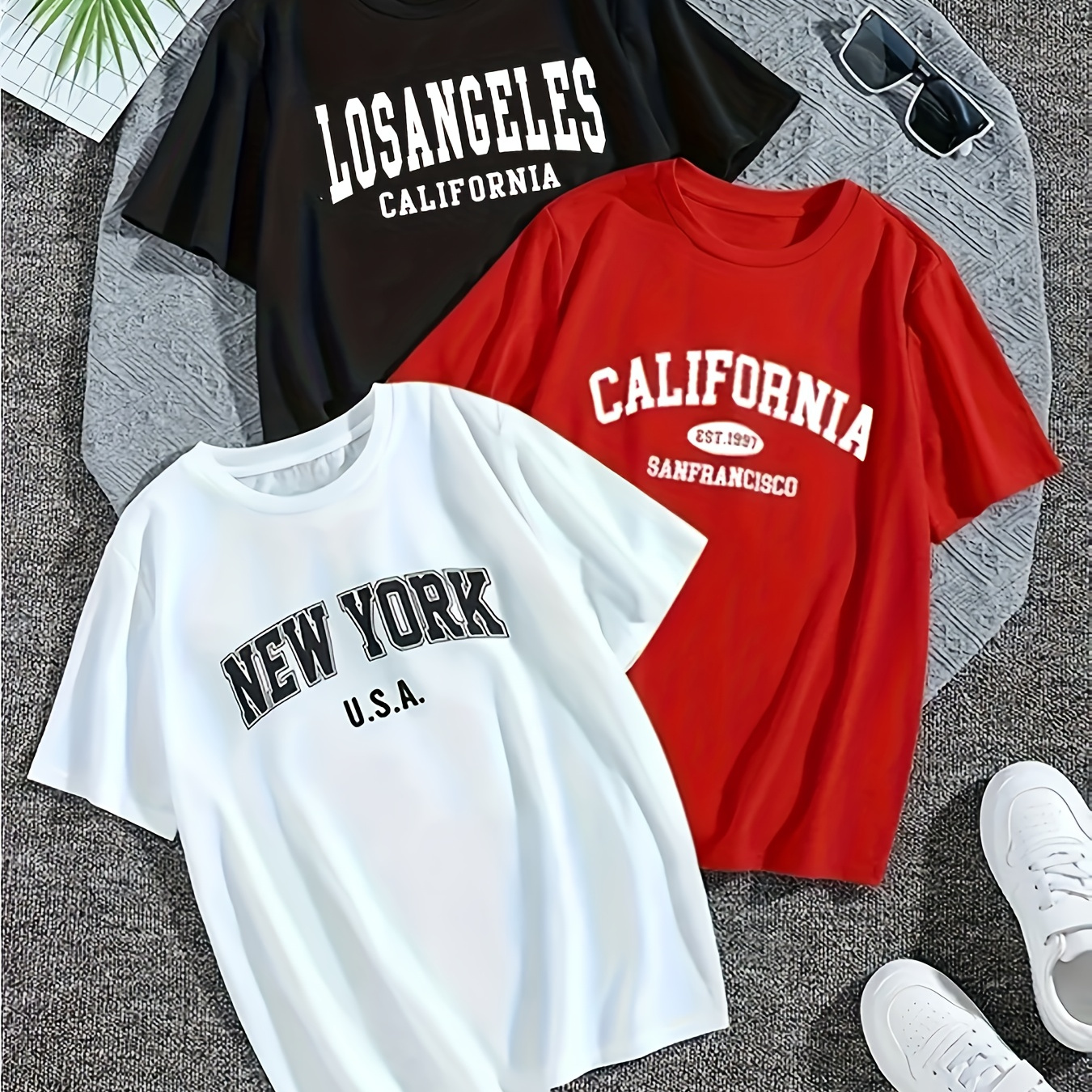 

3pcs Boys' Short Sleeve T-shirts - Los Angeles, California & Names, Casual Crew Neck, 100% Polyester Knit Fabric, Summer Outdoor Wear, Boy T Shirt