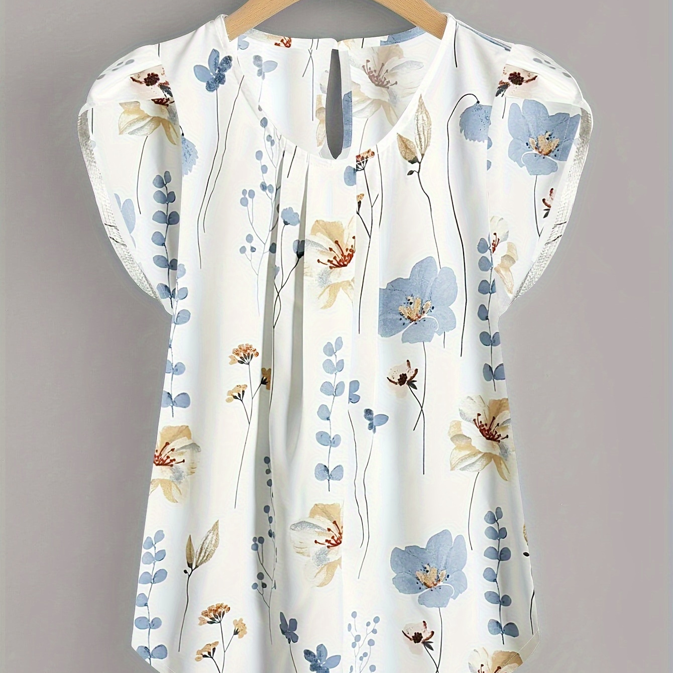 

Floral Print Petal Sleeve Blouse, Vintage Crew Neck Blouse For Spring & Summer, Women's Clothing