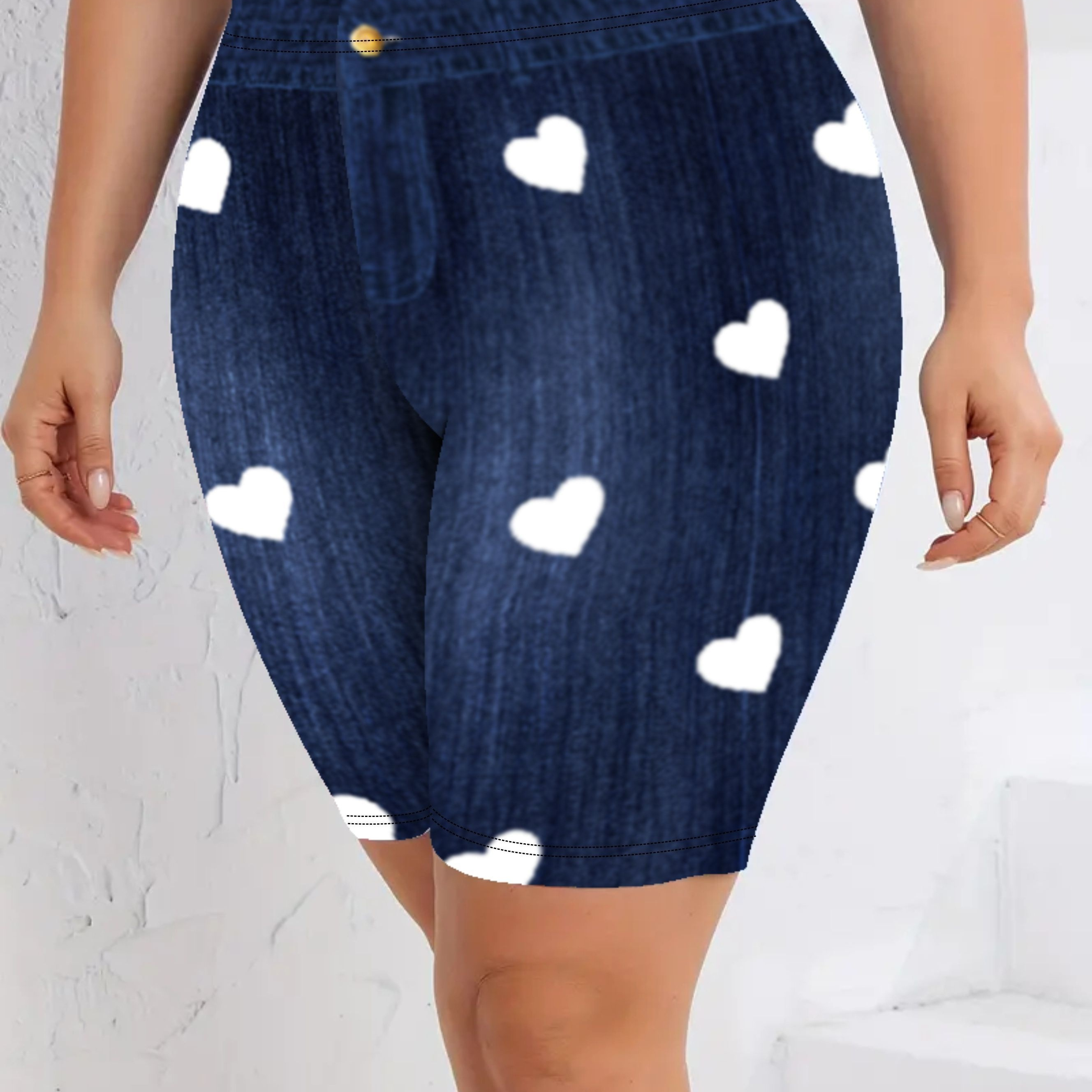 

Plus Size Heart Print Skinny Shorts, Casual Every Day Stretchy Short Leggings, Women's Plus Size clothing