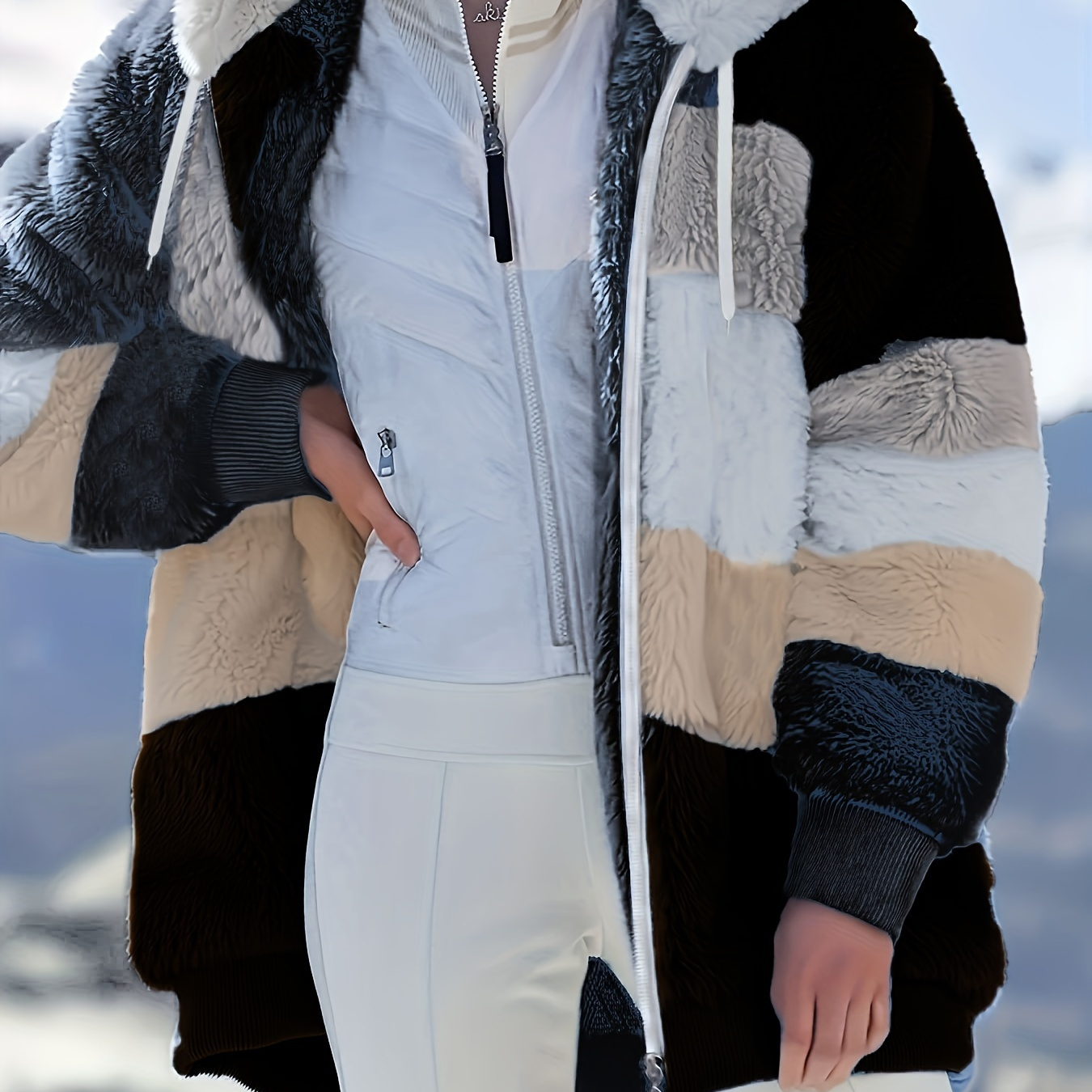 

Plus Size Casual Coat, Women's Plus Colorblock Teddy Fleece Hooded Drawstring Zipper Long Sleeve Loose Fit Coat With Pockets