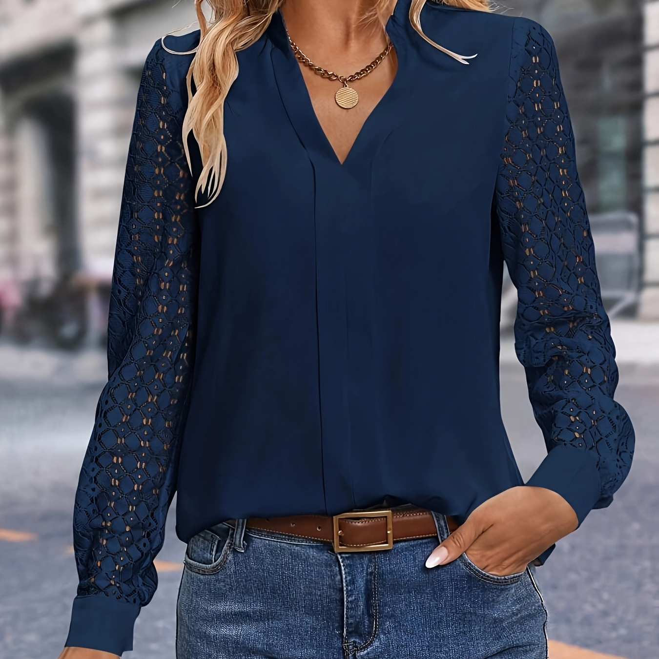 

Lace Splicing Notched Neck Blouse, Elegant Long Sleeve Blouse For Spring & Fall, Women's Clothing