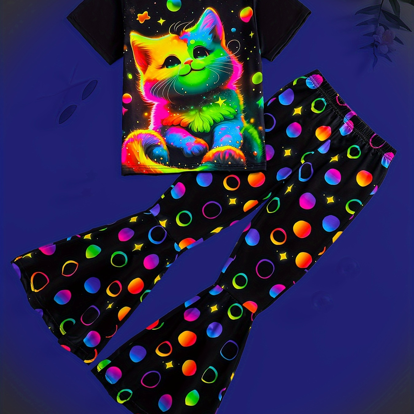 

Girls Glow-in-the-dark 2pcs Neon Cat Print Short Sleeve T-shirt + Flared Leg Pants, Summer Party Gift