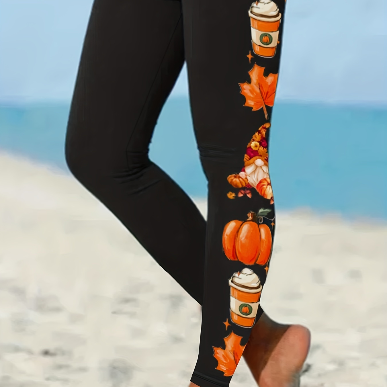 

Halloween Pumpkin & Coffee Print Leggings, Casual High Waist Skinny Leggings, Women's Clothing