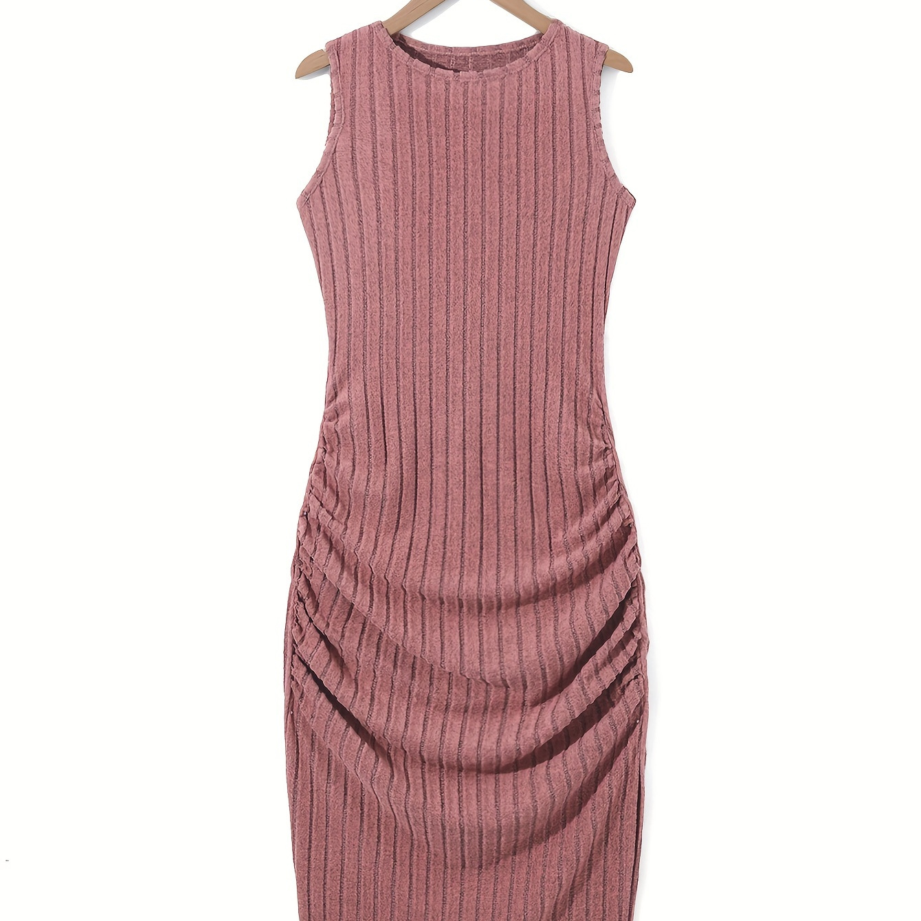 

Ribbed Crew Neck Ruched Dress, Elegant Sleeveless Dress For Spring & Summer, Women's Clothing