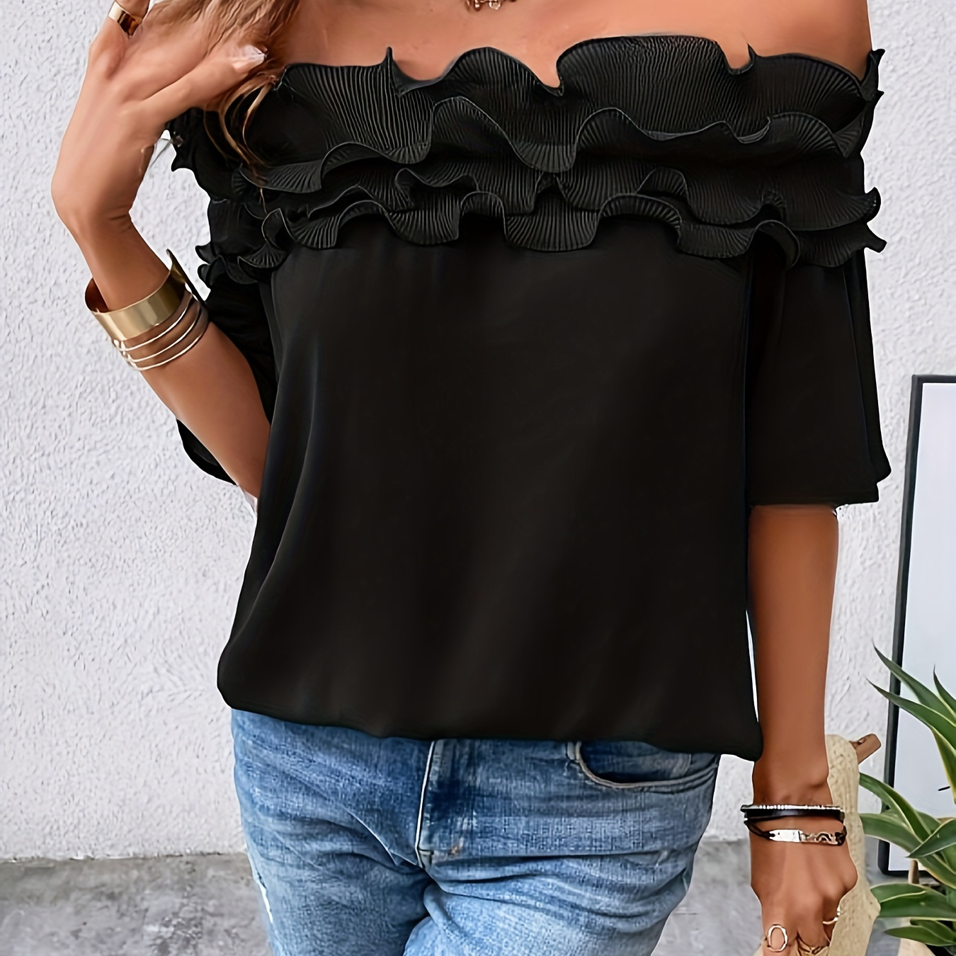

Ruffle Trim Off-shoulder Solid Top, Casual Short Sleeve Top For Spring & Summer, Women's Clothing