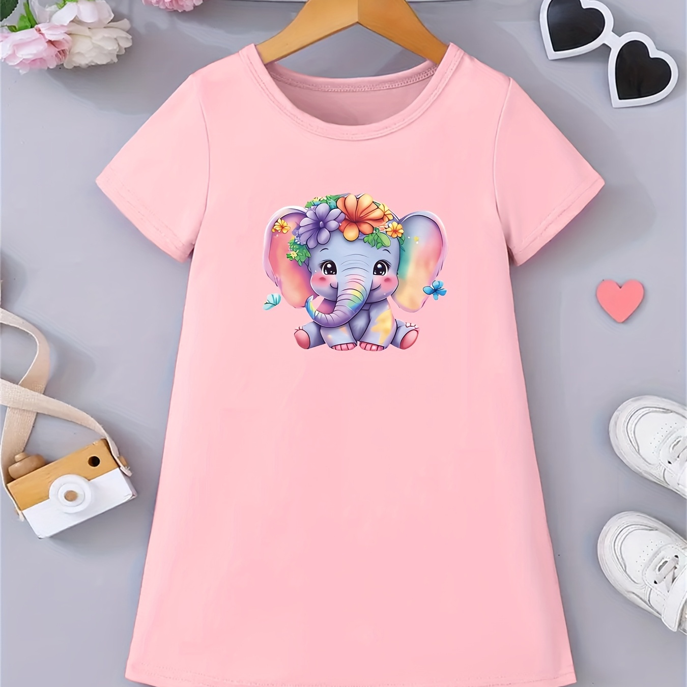 Girls' Casual T-Shirt Dress with Cute Elephant & Floral Print