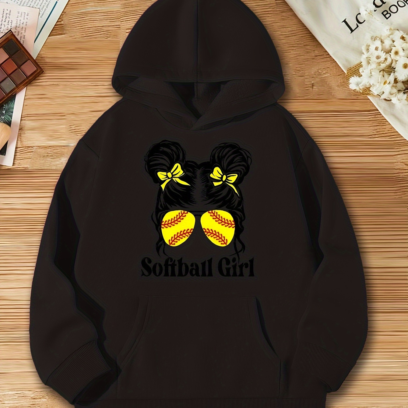 

Softball Girl Print Girls Hoodie Casual Pullover Hooded Long Sleeve Sweatshirt For Spring Fall, Kids Clothing