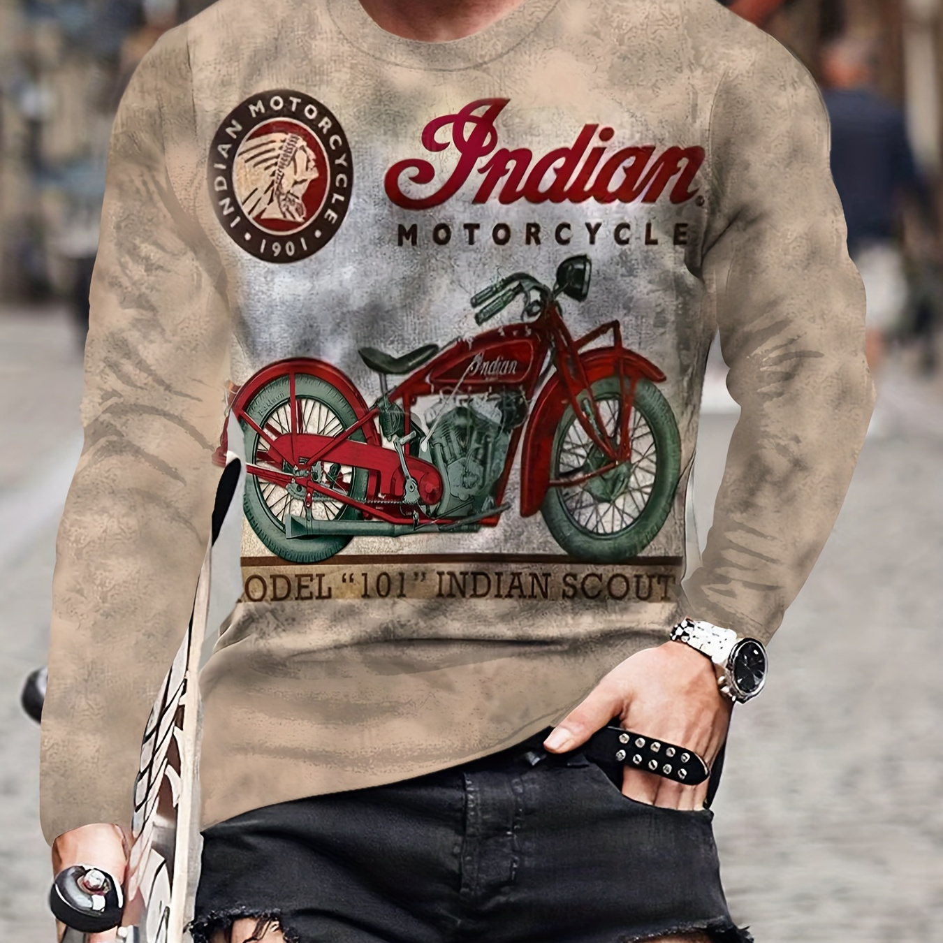 Retro Street Motorcycle Pattern Men s Basic Crew Neck Long Temu