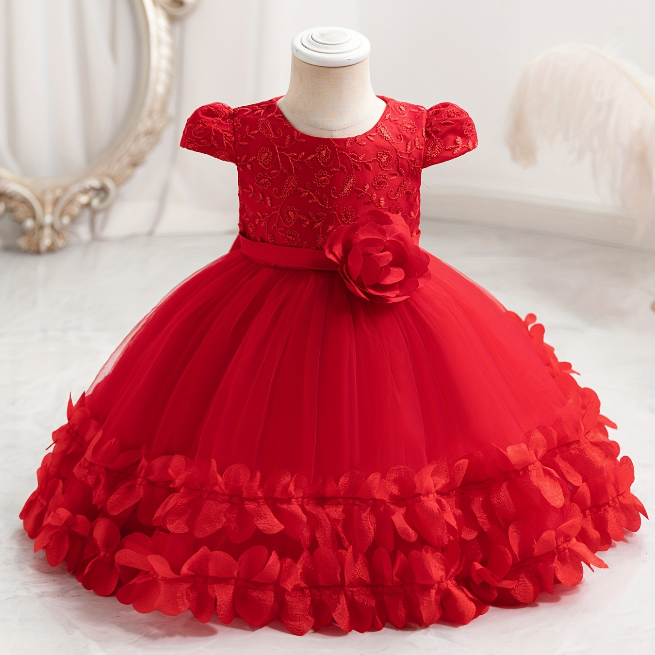 

Gorgeous Rose Decor Puff Short Sleeve Tutu Dress Girls Birthday Flower Girls Dresses Kids Clothes Gift Gift Christmas