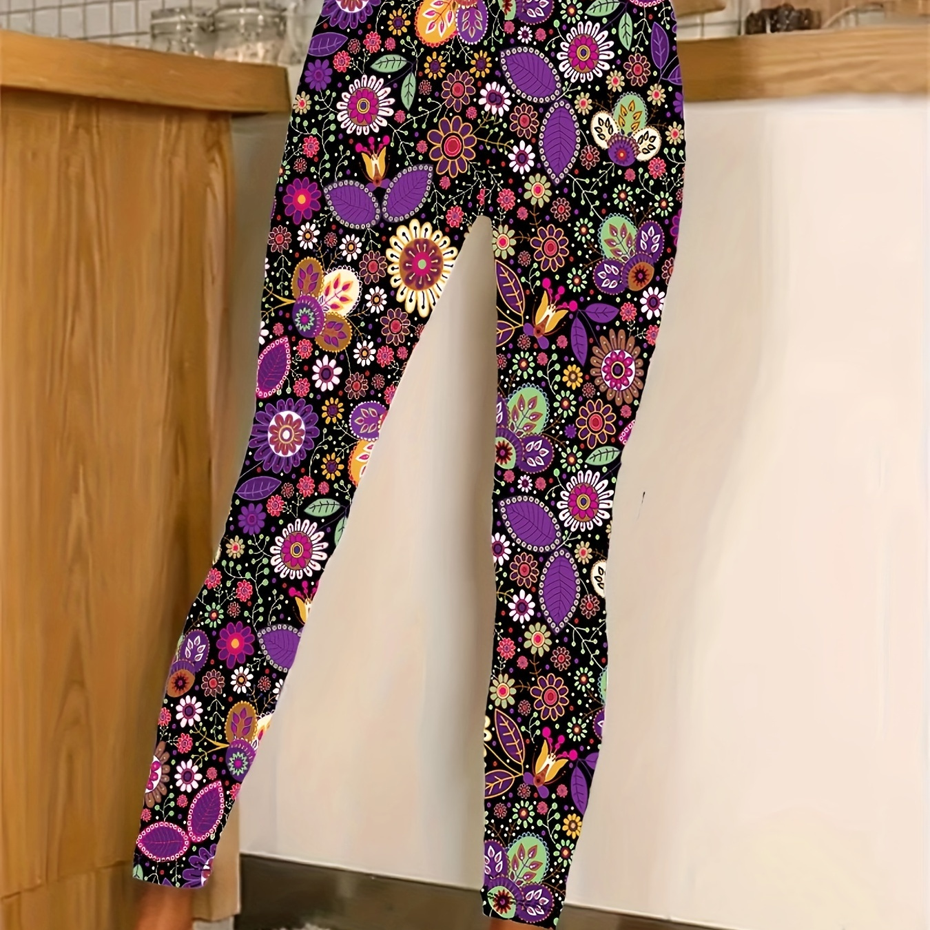 

Plus Size Floral Print Skinny Leggings, Casual Elastic Waist Stretchy Leggings For Spring & Summer, Women's Plus Size Clothing