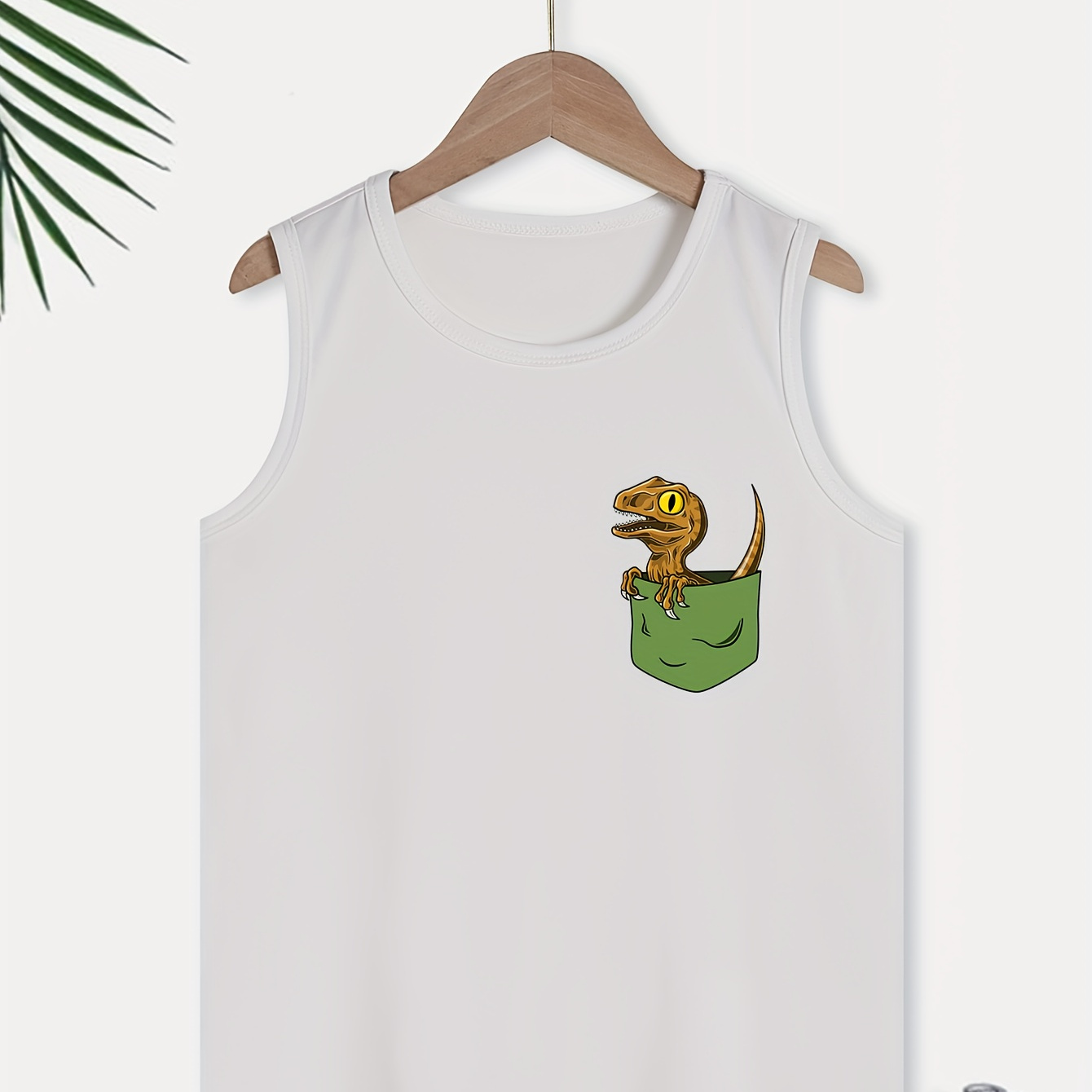 

Dino In Pocket Print Boy's Versatile Tank Top, Kids Casual Sleeveless Breathable Comfy Summer Vest