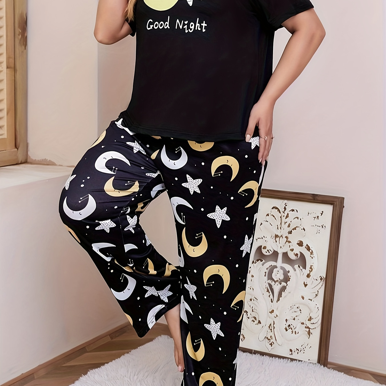 

Women's Pajama Set With Casual Sweet Short Sleeves And Long Pants In Large Size