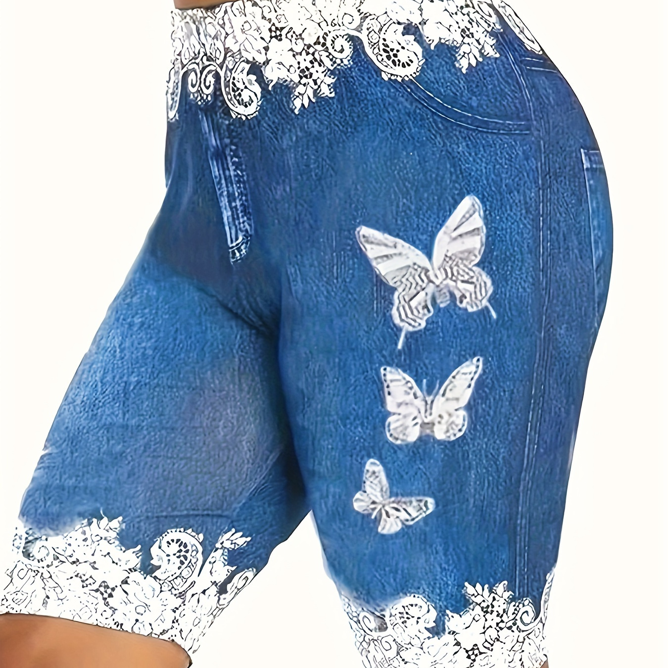 

Butterfly Faux Denim Print Yoga Shorts, Slim Fit Casual Sports Shorts, Women's Activewear