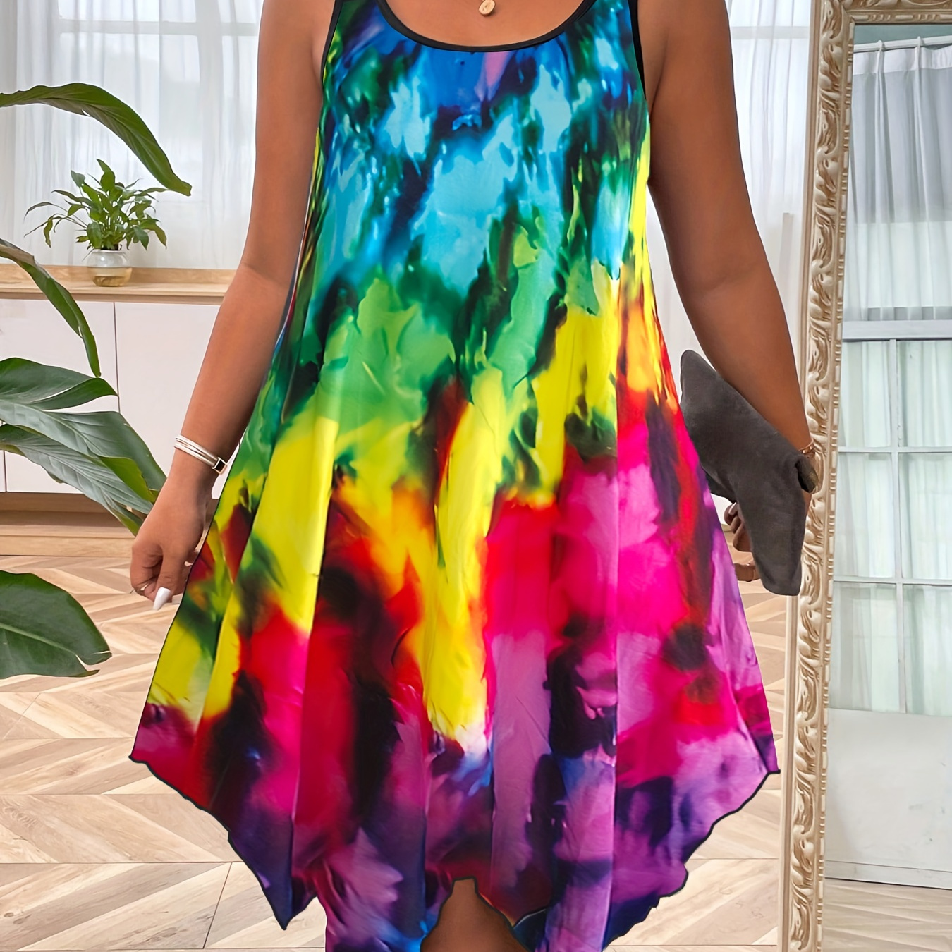 

Plus Size Tie Dye Print Slip Dress, Casual Irregular Hem Crew Neck Dress For Spring & Summer, Women's Plus Size clothing