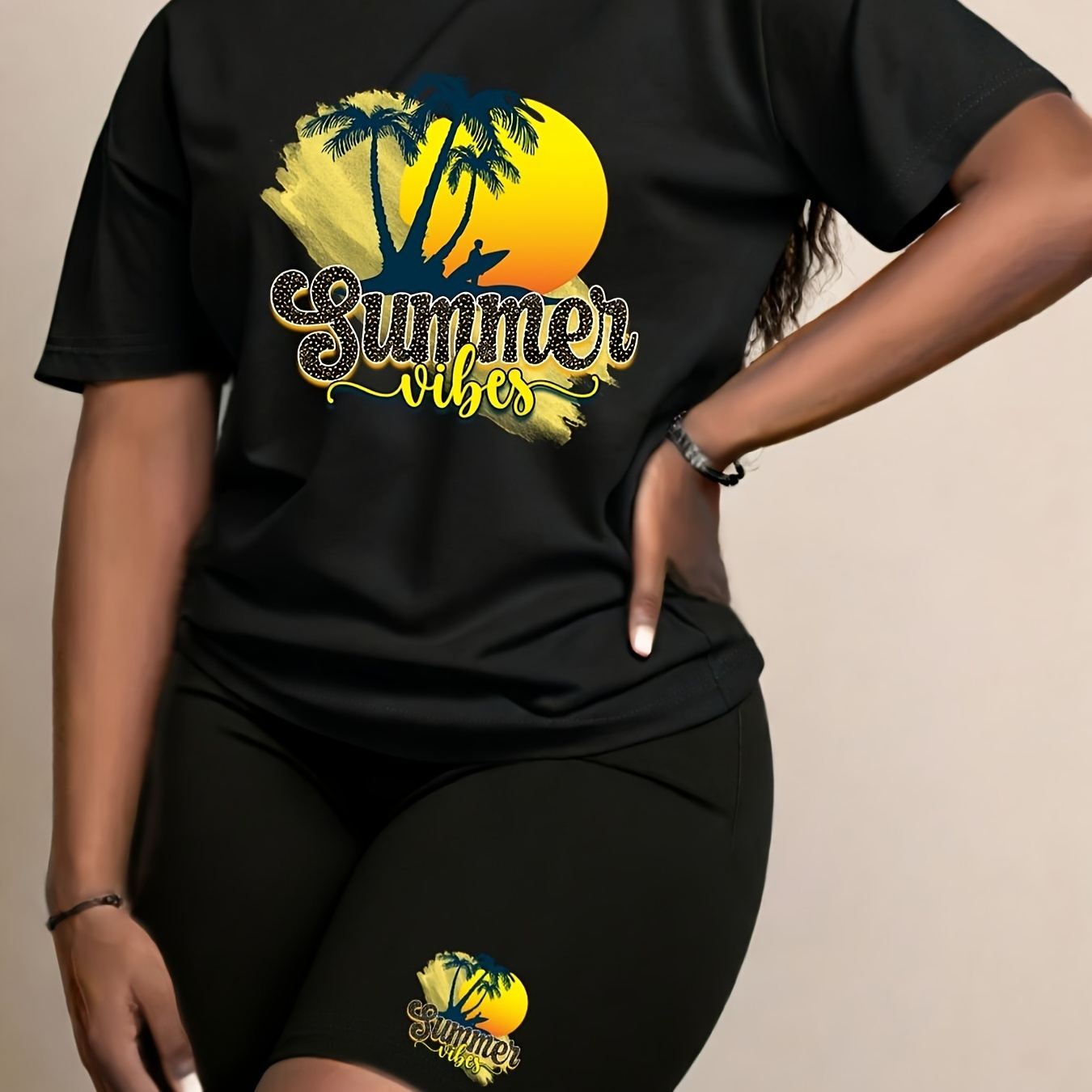 

Summer Vibes Print Matching Two-piece Set, Casual Short Sleeve T-shirt & Biker Shorts Outfits, Women's Clothing
