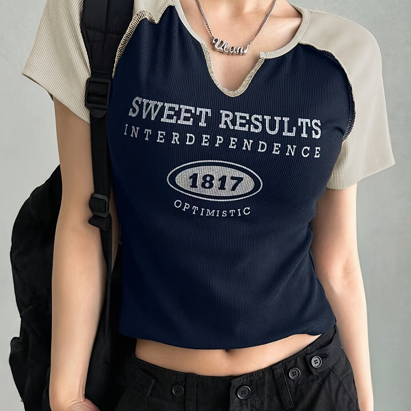 

Letter Print Notched Neck T-shirt, Casual Short Sleeve T-shirt For , Women's Clothing