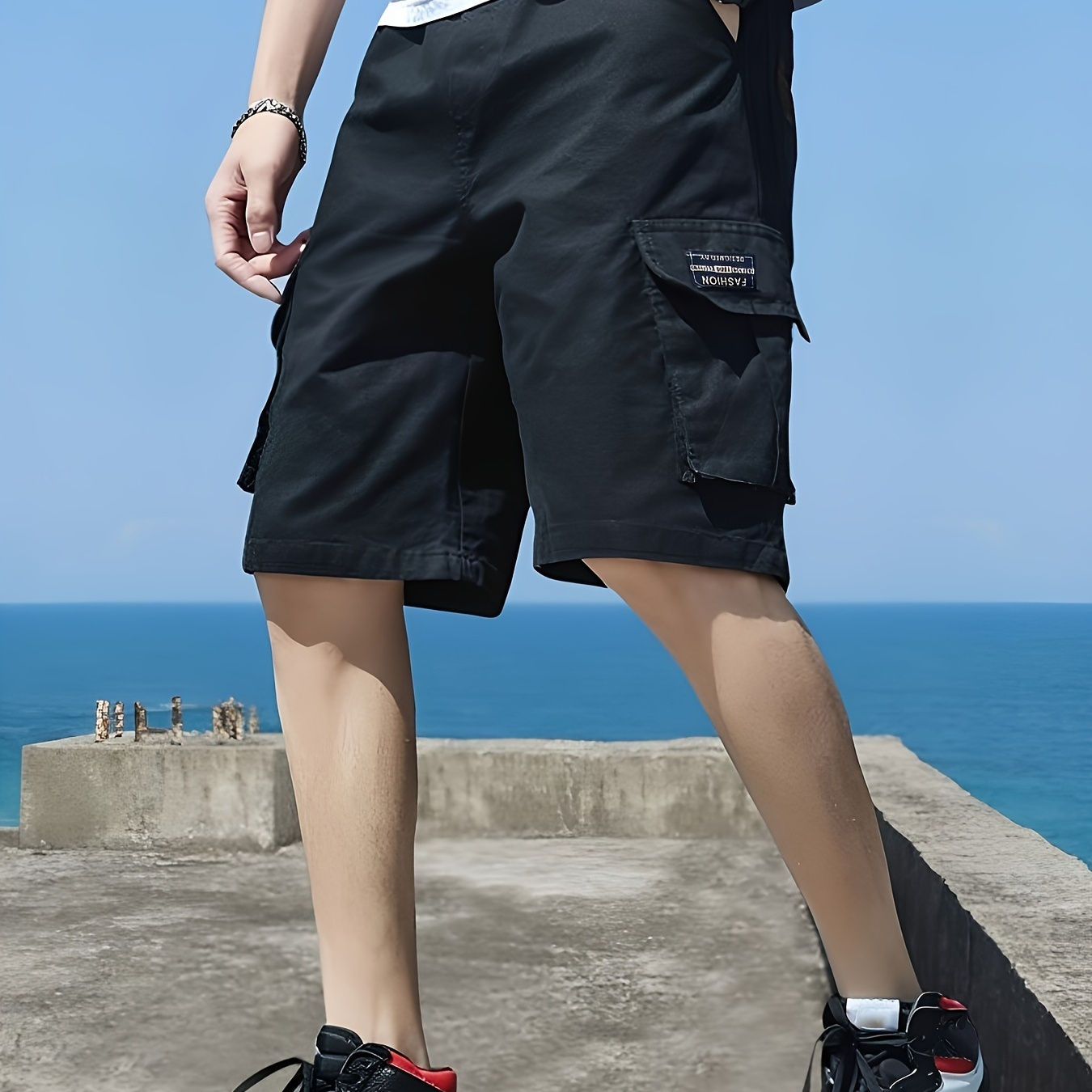 

Men's Label Patchwork Solid Cargo Shorts With Flap Pockets, Versatile And Trendy For Summer Outdoors And Sports Wear