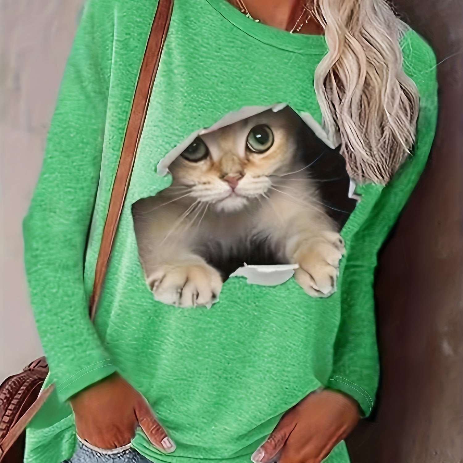 

Cat Print Crew Neck T-shirt, Casual Long Sleeve T-shirt For Spring & Fall, Women's Clothing