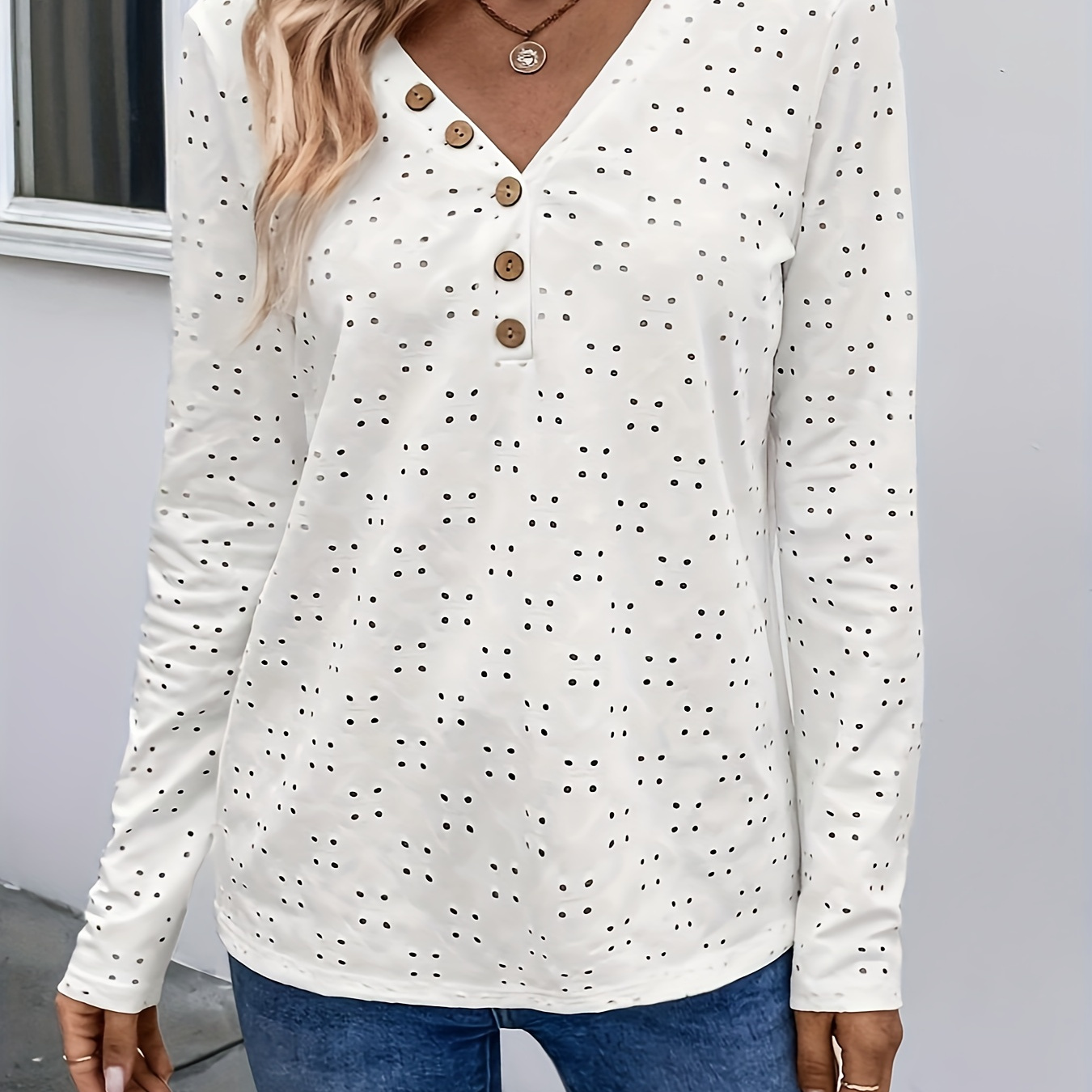 

Solid V Neck Eyelet T-shirt, Casual Long Sleeve Button Decor Top For Spring & Fall, Women's Clothing