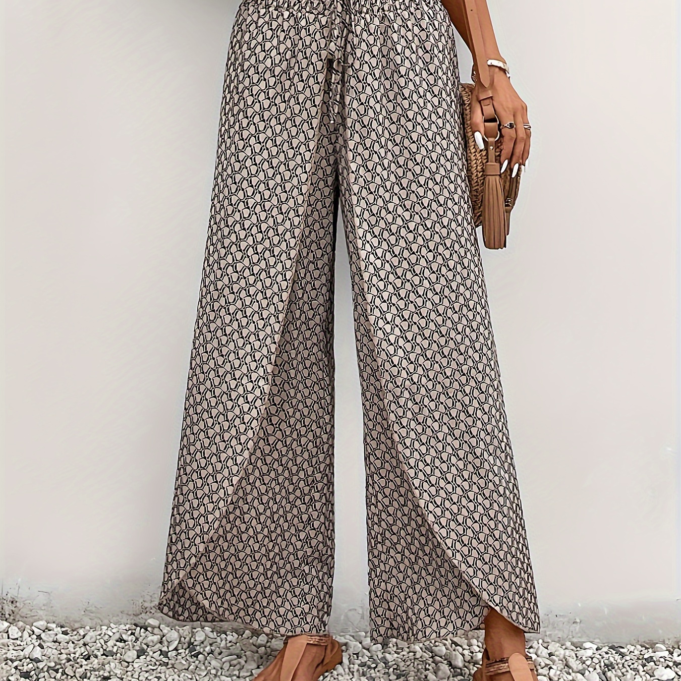 

Allover Print Warp Hem Pants, Casual & Versatile High Waist Pants For Spring & Summer, Women's Clothing