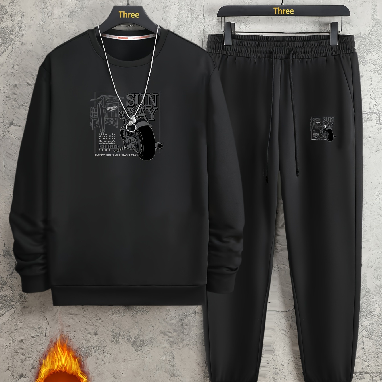 

Men's Trendy Motorcycle Print Fleece Round Neck Long Sleeve Sweatshirt And Pants Suit, Suitable For Autumn And Winter, Warm And Comfortable