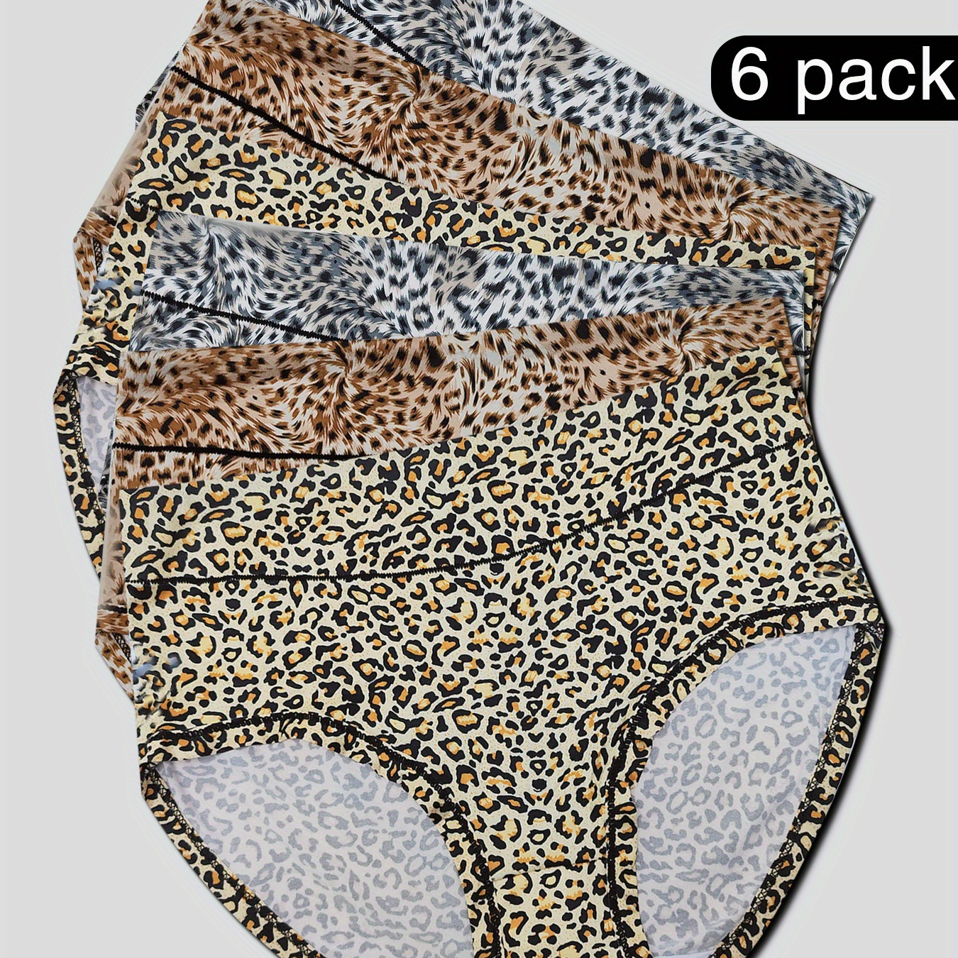 

6 Pack Plus Size Sexy Panties Set, Women's Plus Leopard Print Mid Waist Medium Stretch Breathable Briefs 6pcs Set