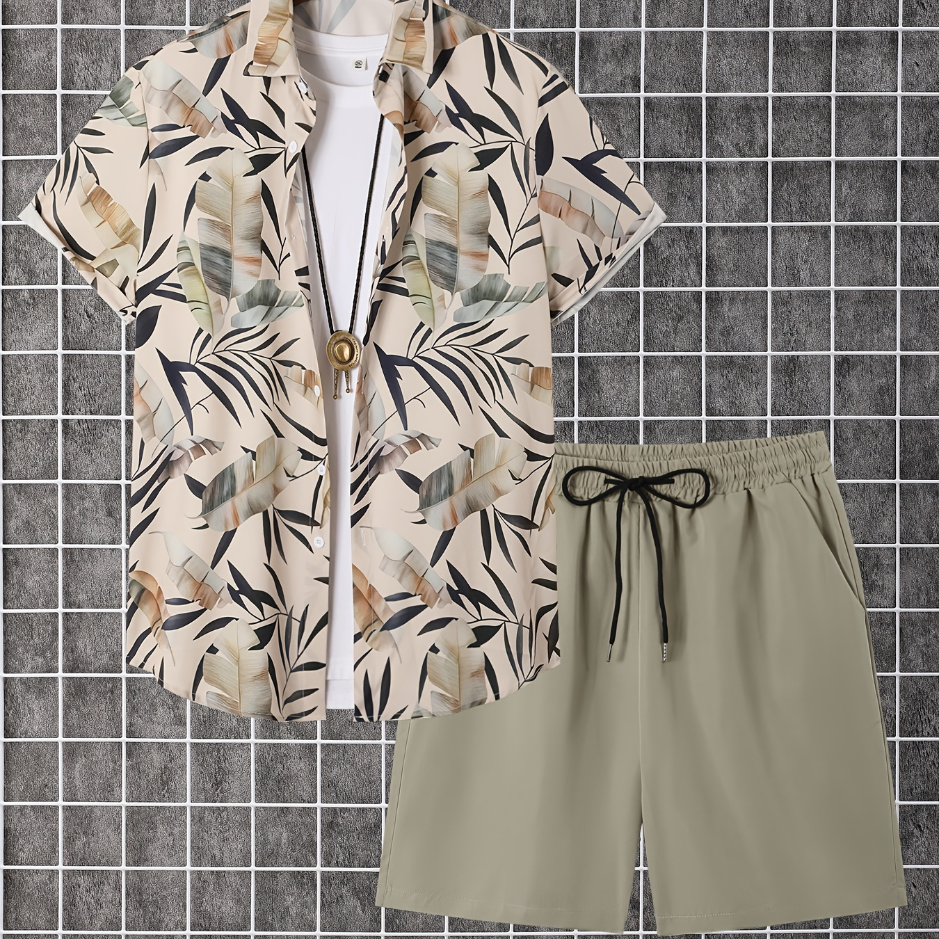 

2pcs Men's Outfit Set, Tropical Leaf Print Short Sleeve Button Up Lapel Shirt Top & Solid Drawstring Shorts With Pockets