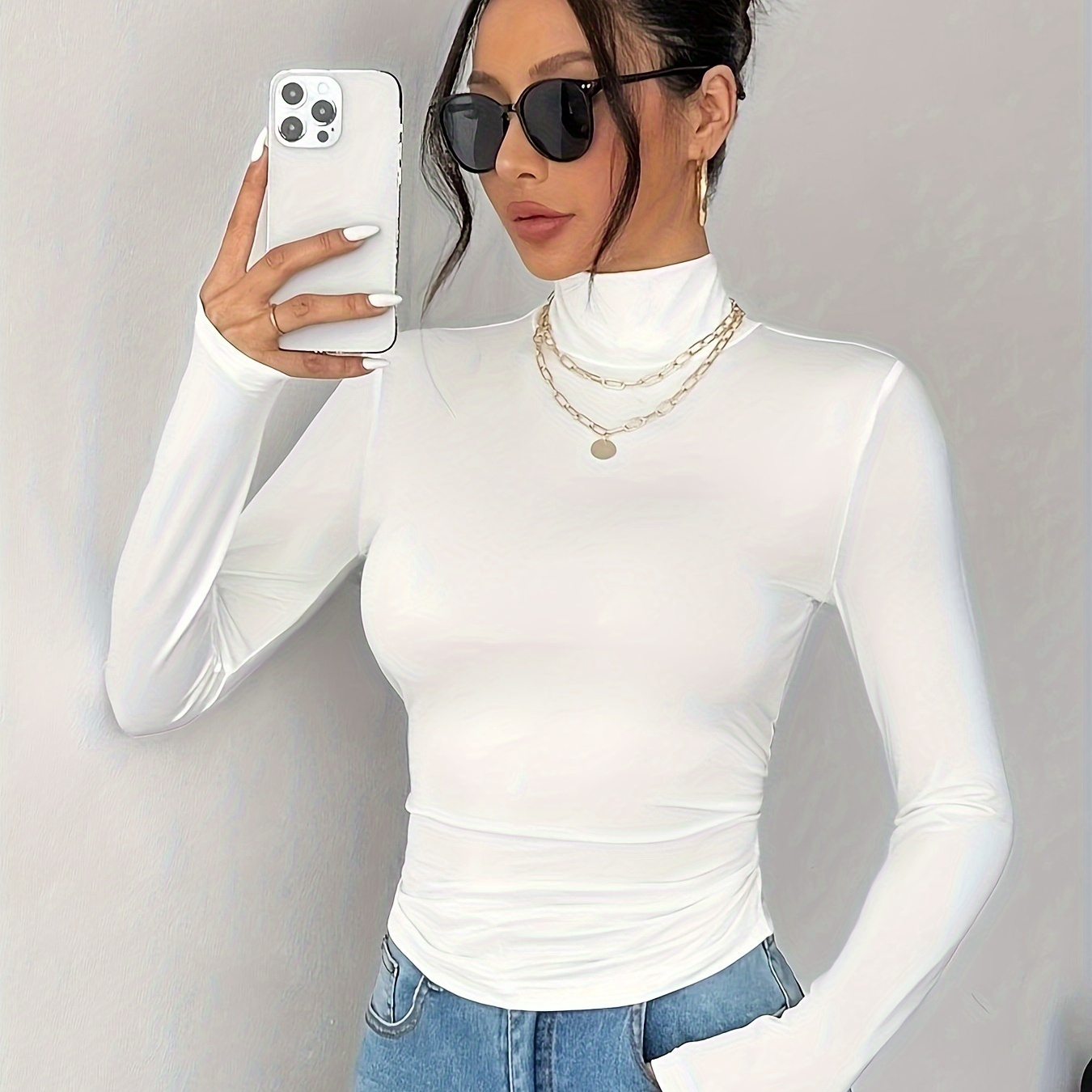 

Women's High Neck Long Sleeve Bodycon Turtleneck Top, Solid Color, Polyester Knit Fabric, For Spring/fall