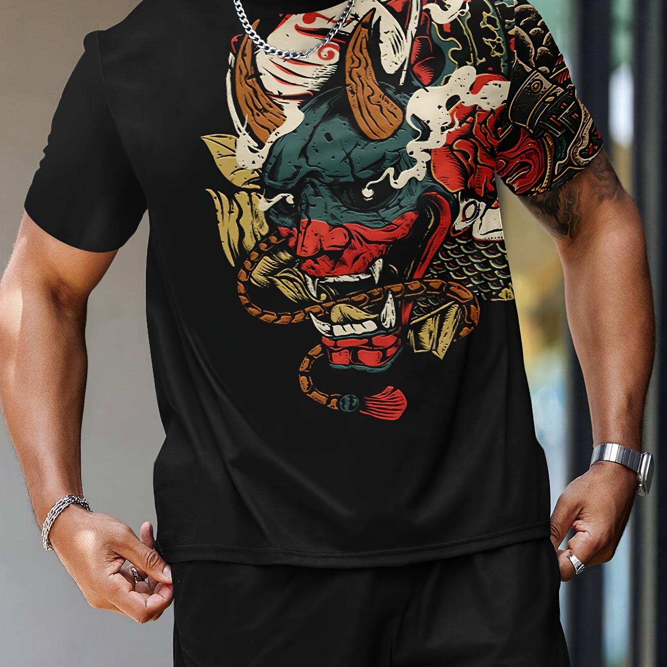 

Men' Japanese Graphic Tee - Casual Short Sleeve, Crew Neck T-shirt With Unique Tattoo Design, Breathable Polyester Fabric For Summer Streetwear, Ethnic, Tattoos, Japanese , Punk Streetwear