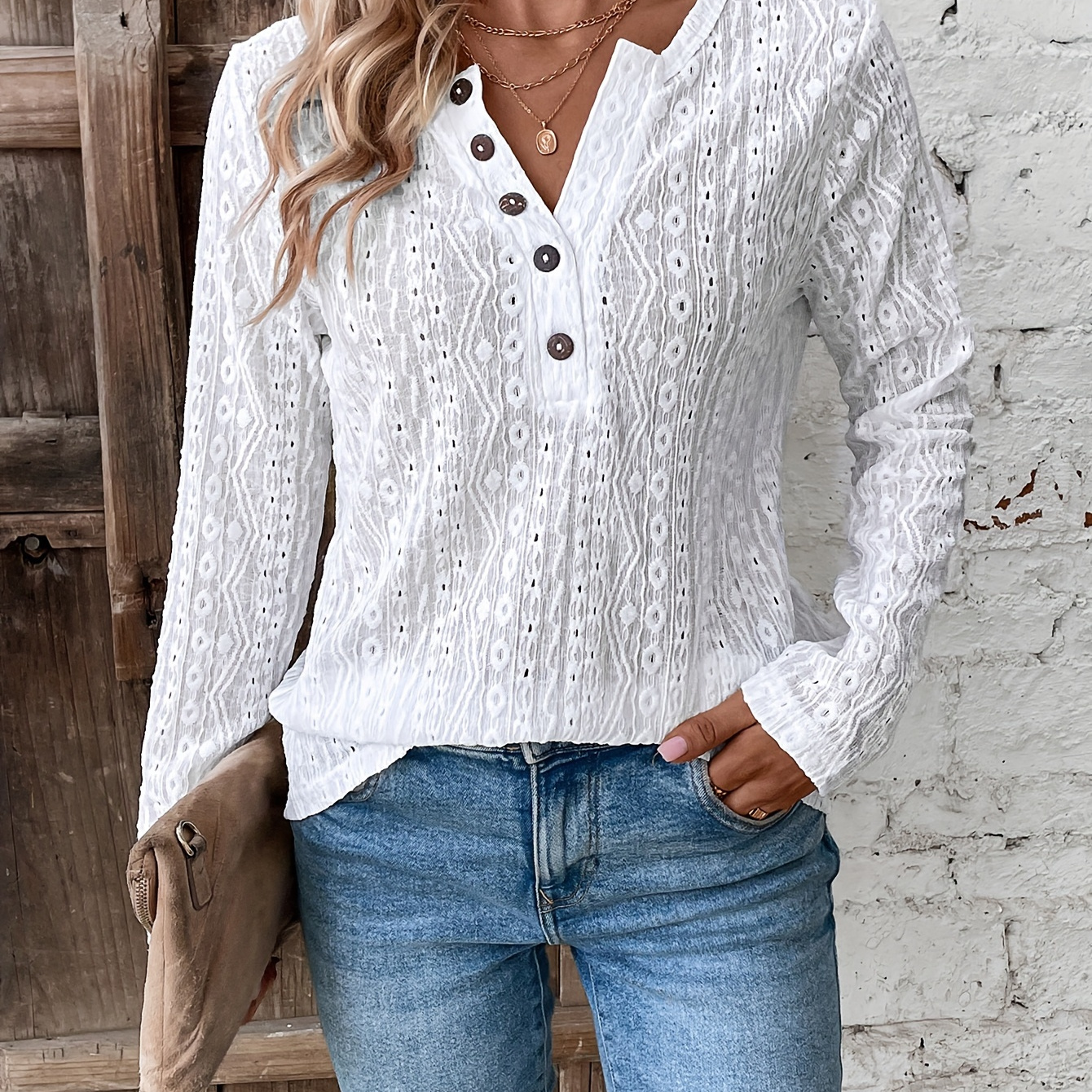 

Floral Pattern Eyelet Button Front Blouse, Casual Long Sleeve Blouse For Spring & Fall, Women's Clothing