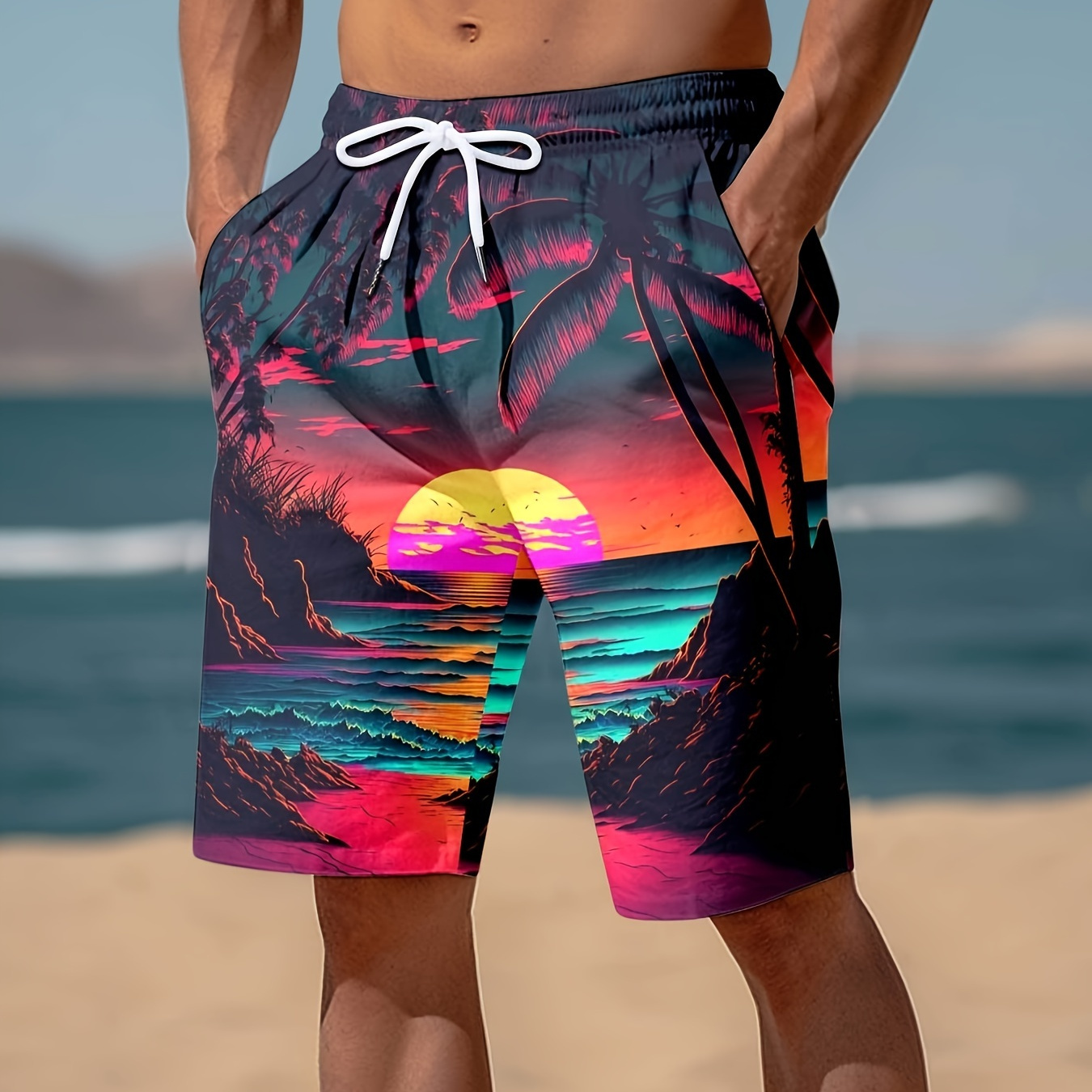 

Men's New Hawaiian Style Beach Themed Sunset Pattern Print Shorts With Drawstring, Casual And Stylish Beach Pants Perfect For Summer Leisurewear And Vacation
