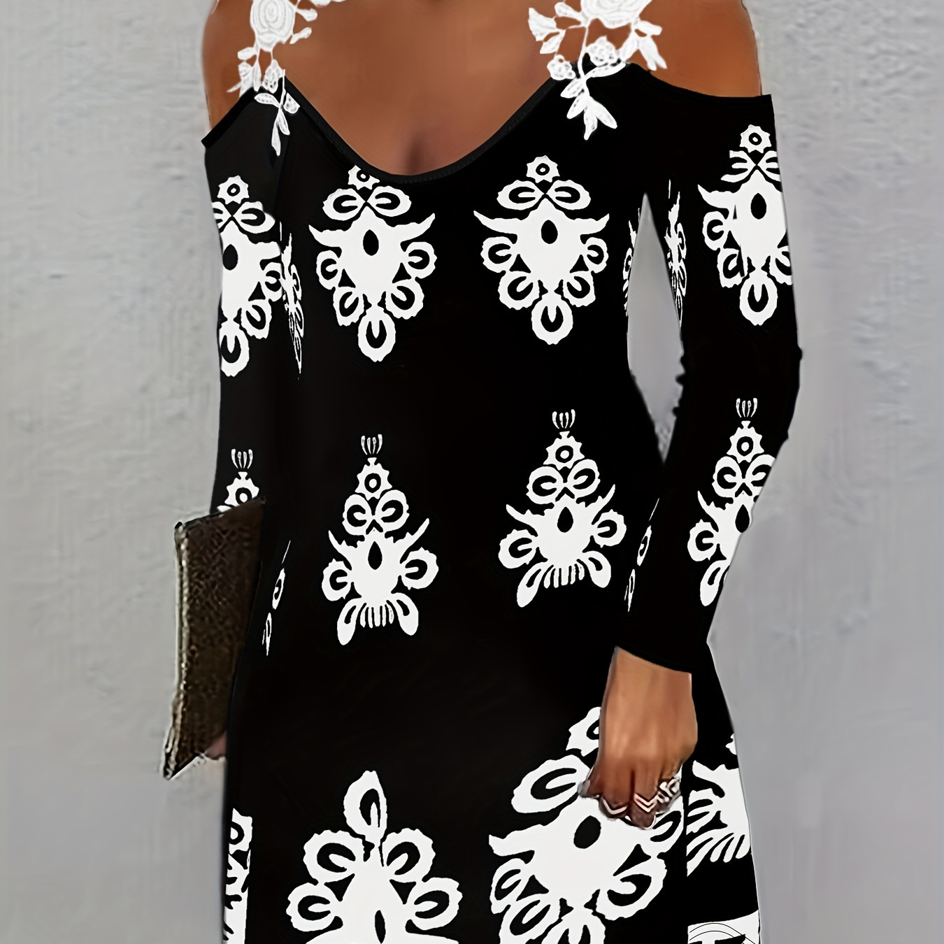 

Elegant Off-shoulder Printed A-line Dress - Dacron And Spandex , Polyester 95%, Elastane 5%, Knit Fabric, For All