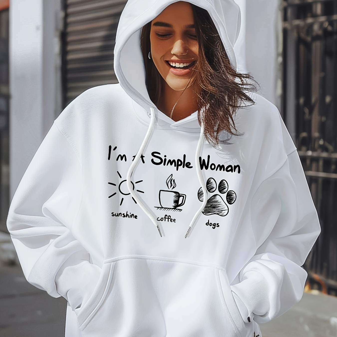 

Sunshine Coffee Dogs Print Kangaroo Pocket Hoodie, Casual Long Sleeve Drawstring Hoodies Sweatshirt, Women's Clothing