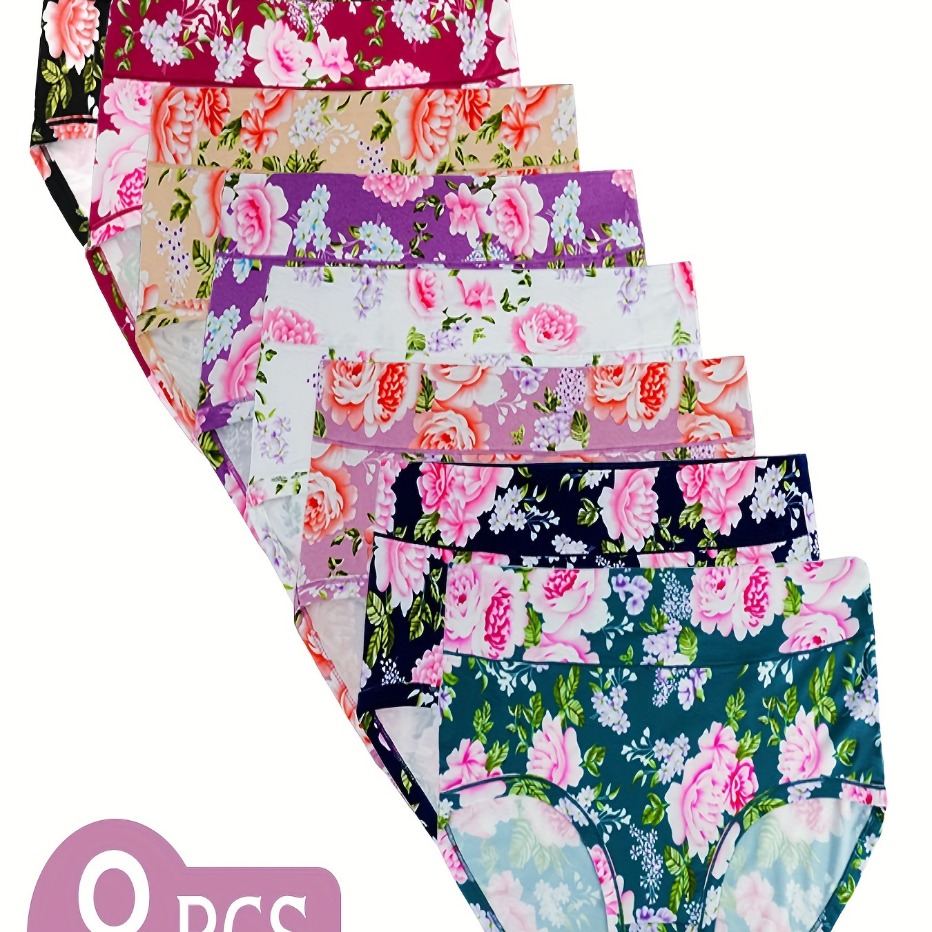 

8-Pack Imprimé Floral Hauts-Bas de femme, sous-vêtements en polyester et confortable, style sexy, ajustement élastique, tissu tricoté, détails, grand triangle de culotte taille large