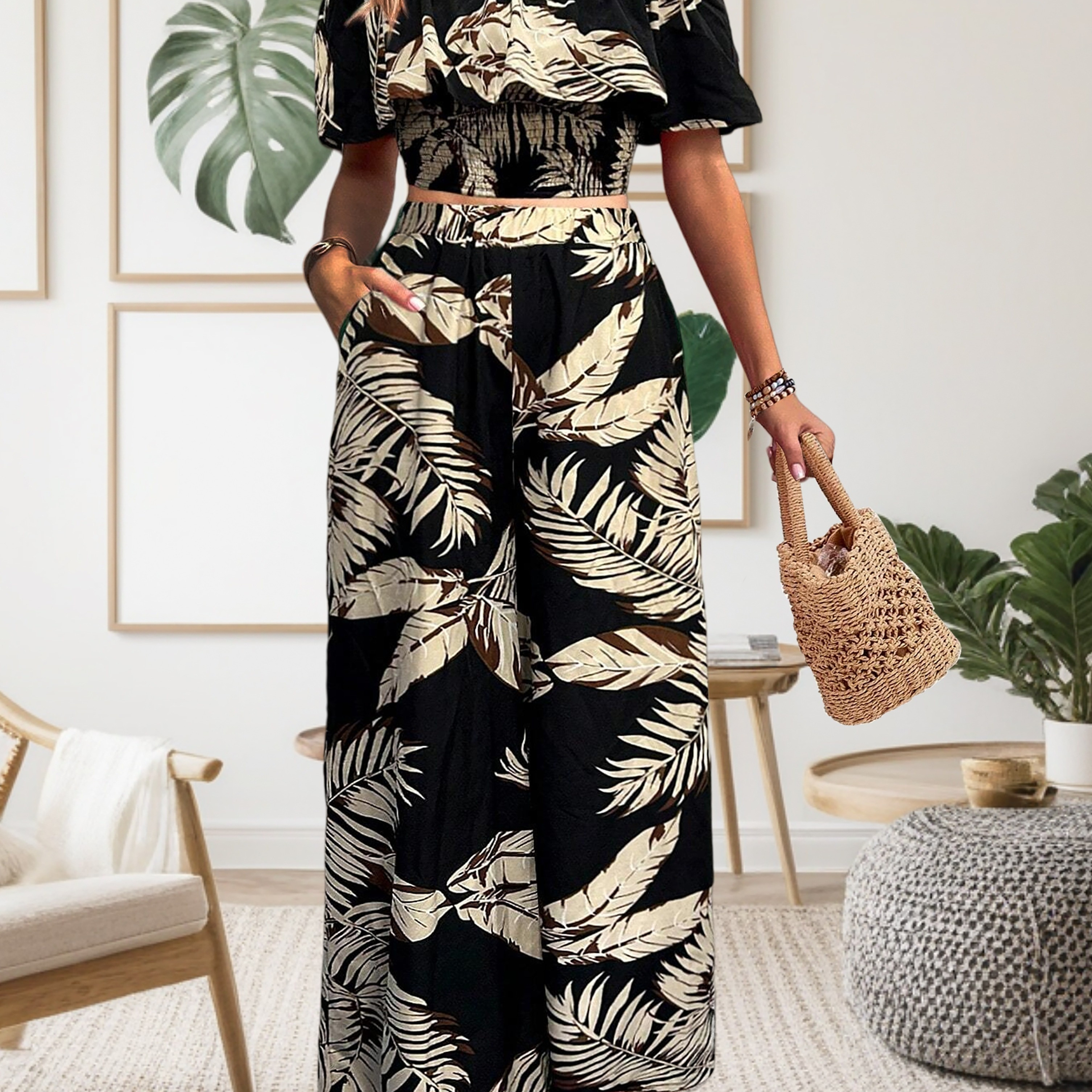

Vacation Style Tropical Print Crop 2 Piece, Off Shoulder Short Sleeve Blouse & Elastic Waist Wide Leg Pants, Women's Clothing