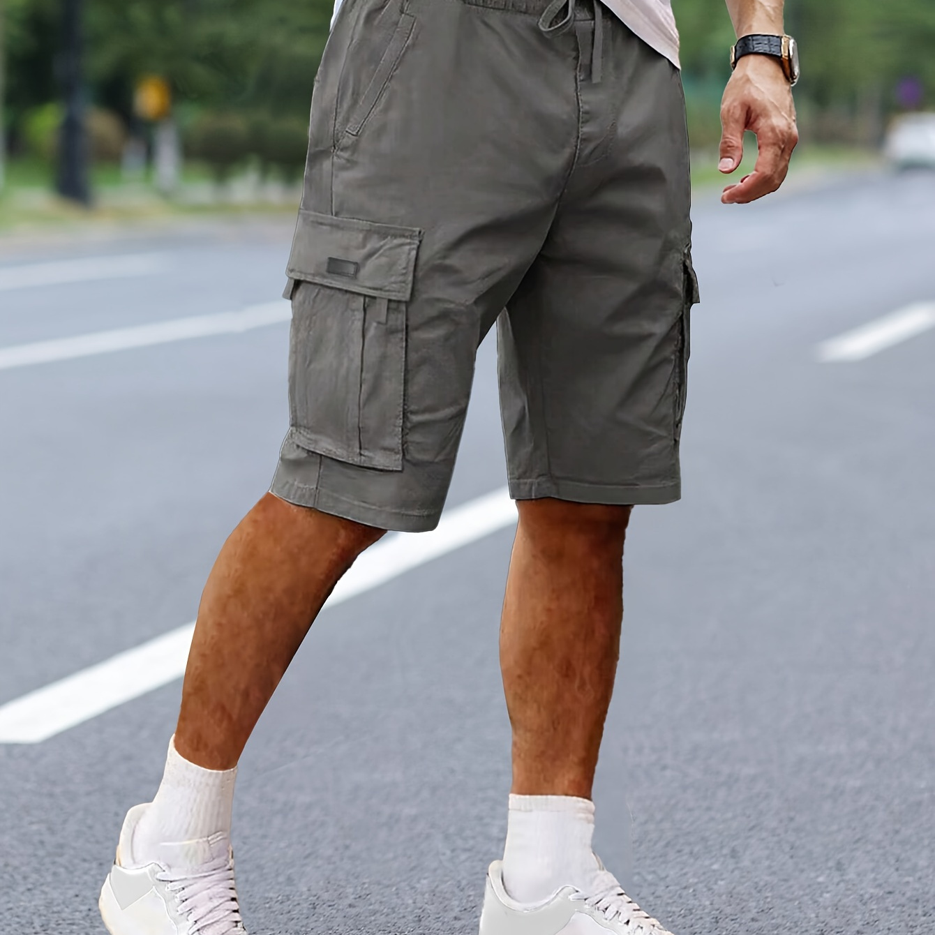 

Men's Solid Cargo Shorts With Multi Pockets, Casual Drawstring Shorts For Summer